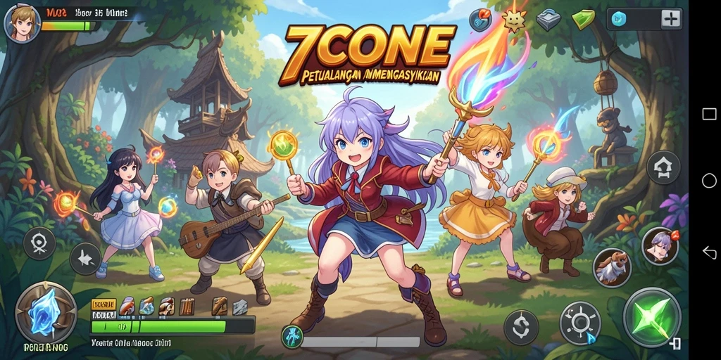 Tangkapan layar utama 7CONE menampilkan karakter Anime dalam pertempuran epik.